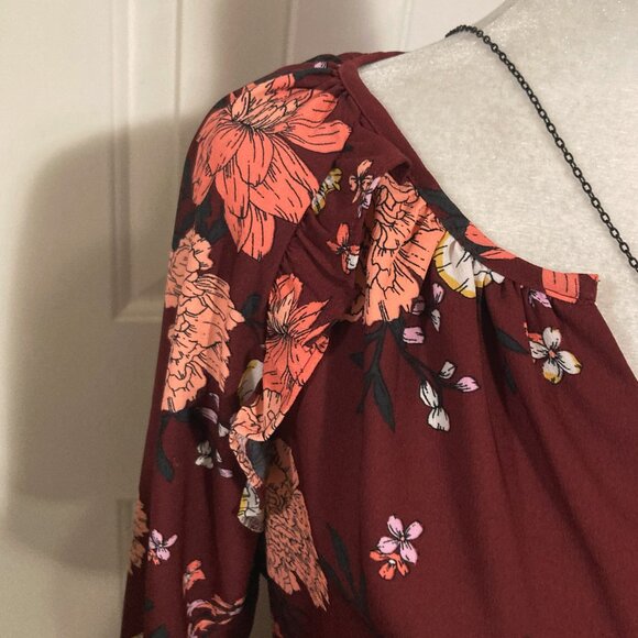 LOFT Burgundy peach black floral print long sleeve v-neck dress ~ SMALL MEDIUM - Picture 6 of 14